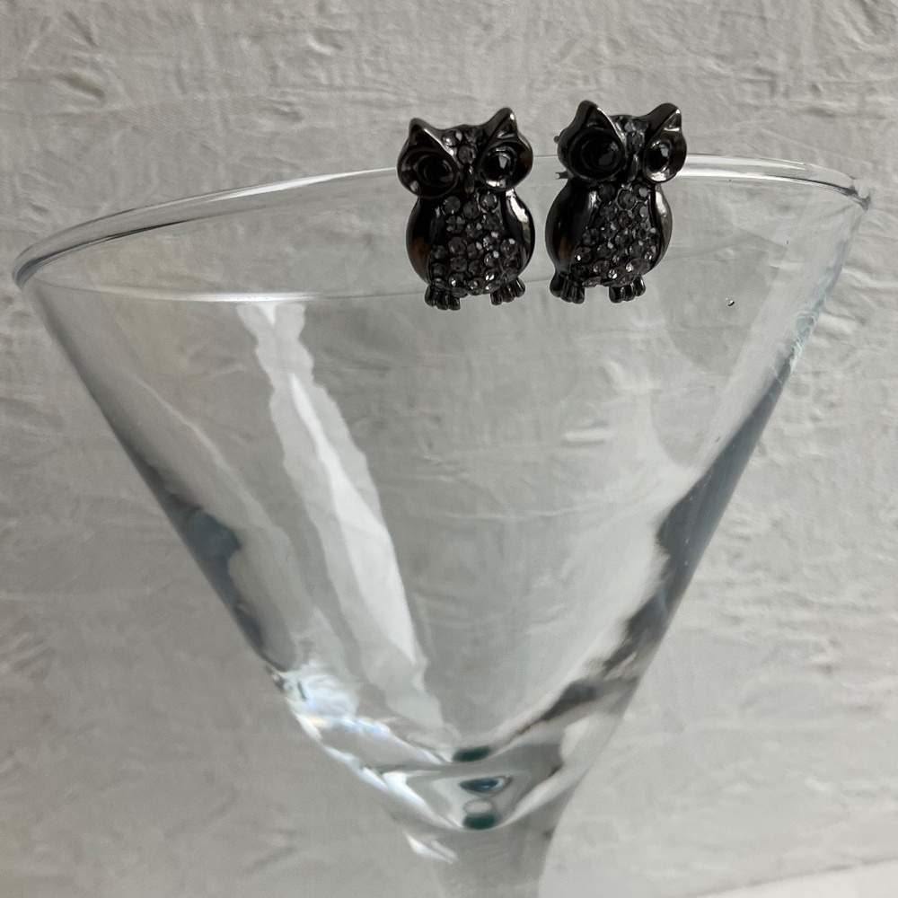 🧚 2/$15 Owl Pierced Earring Studs Gunmetal Grey w/ Rhinestones
